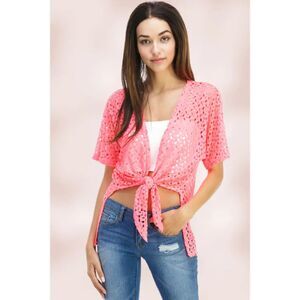 Tie-Front Sheer Crochet Cardigan Shrug in Pink